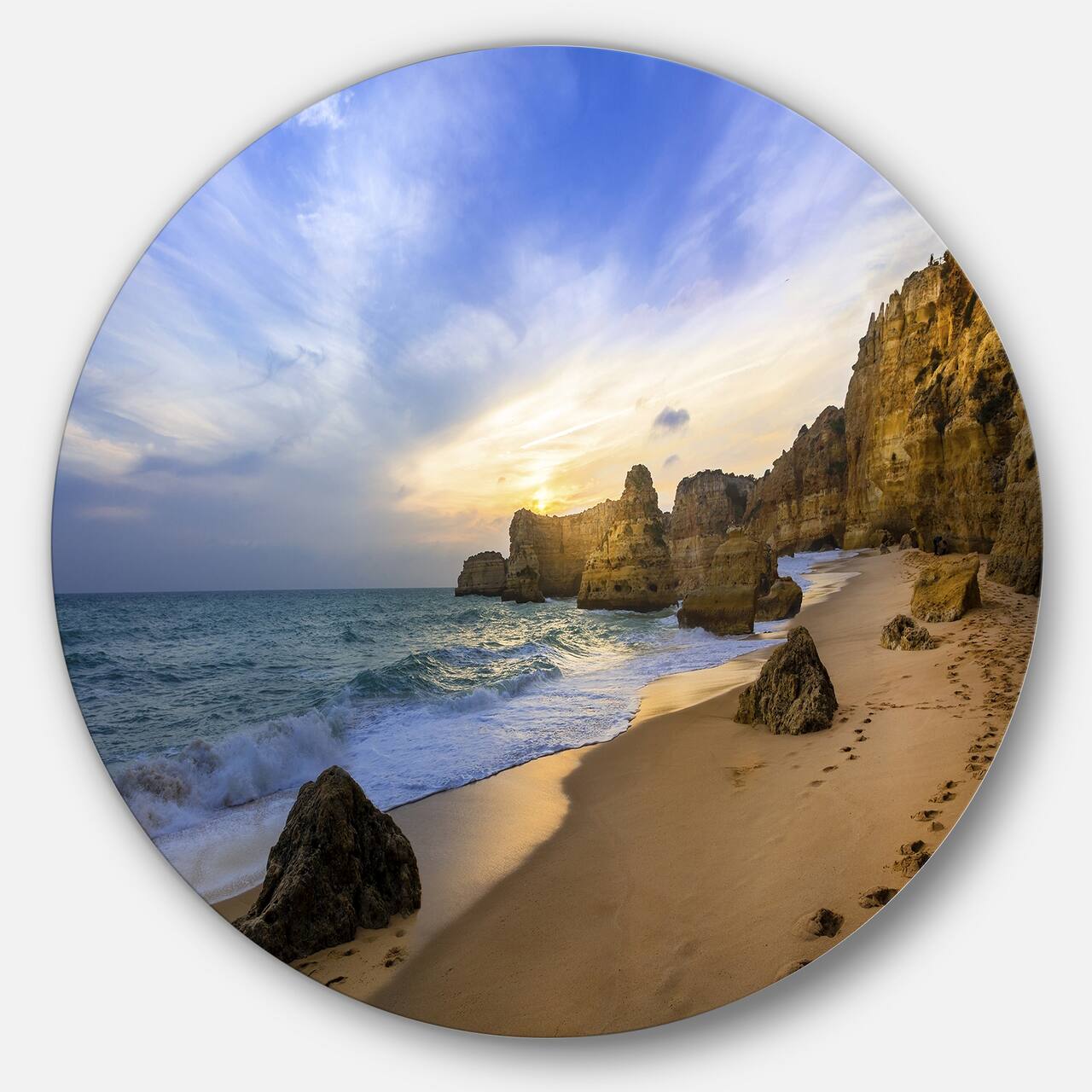Designart - Beautiful Sunset over Algarve Portugal' Extra Large Seashore Metal Circle Wall Art